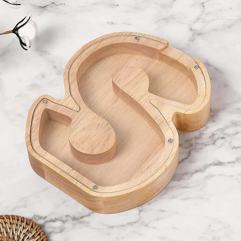 Wooden Personalized Piggy Bank Toy Alphabet for Kids (alphabet-s)