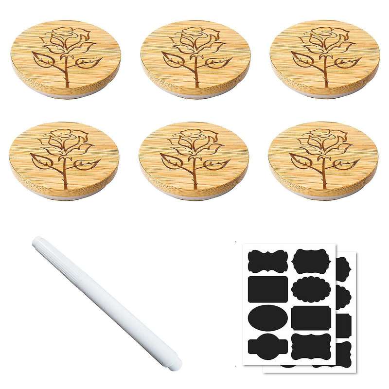 Jar Lids Round Reusable Bamboo Wooden Lids Bamboo Lids Flowers 6pcs