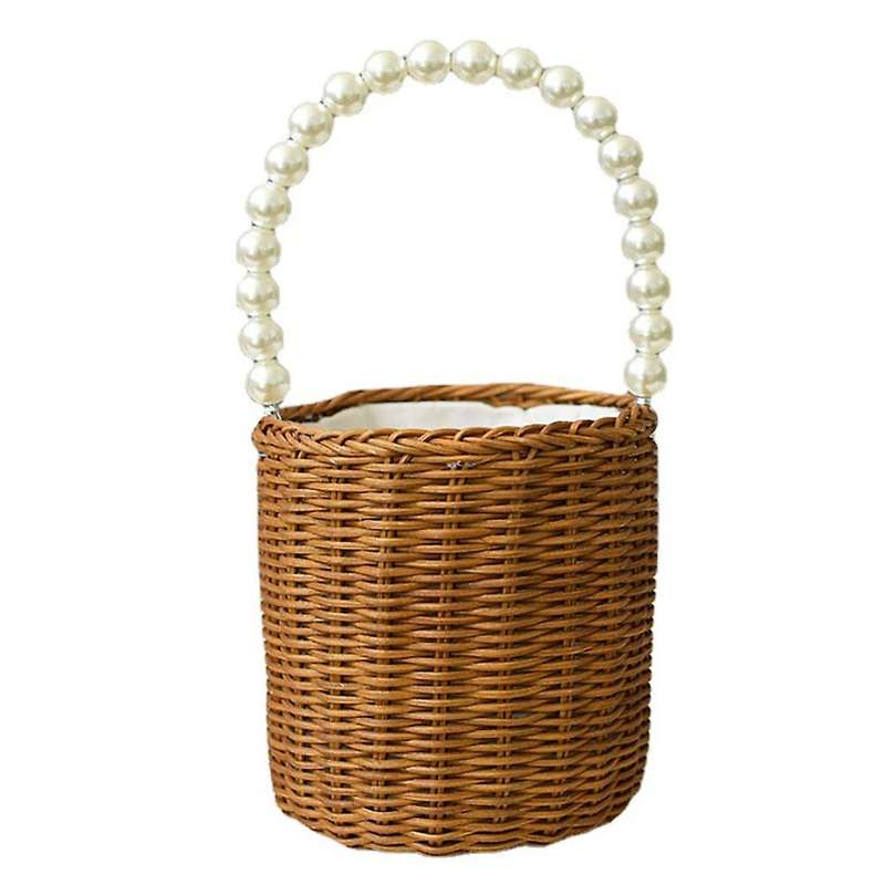 Flower Girl Woven Flower Basket Pearl Handle for Wedding Ceremony, B