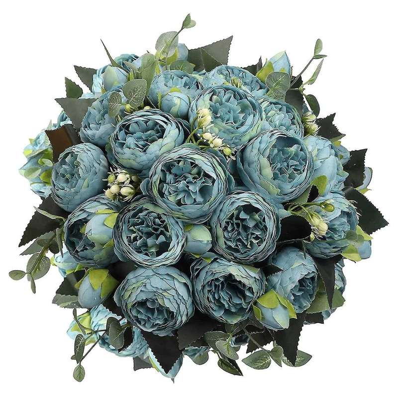 Peonies Artificial Flowers, Small Silk Faux Fake Peony Flower Blue