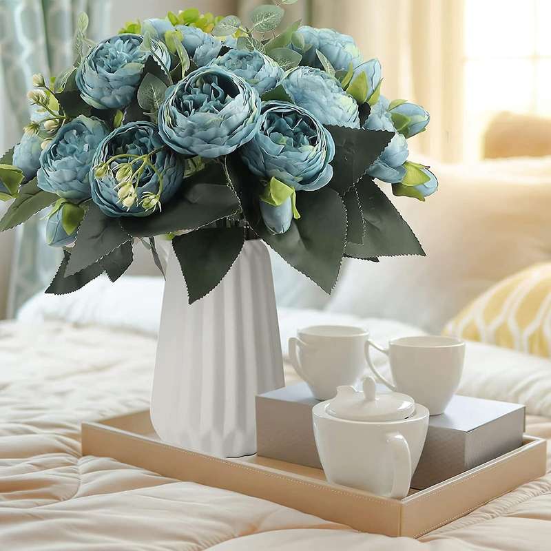 Peonies Artificial Flowers, Small Silk Faux Fake Peony Flower Blue