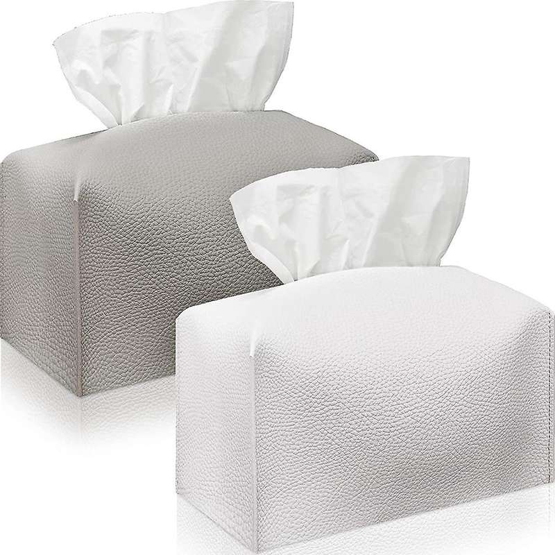 2 Pieces Pu Leather Rectangle Tissue Box Light Gray+white