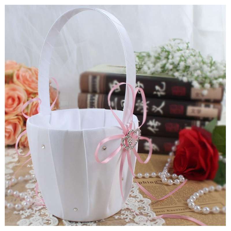 Double Heart Basket White Satin Rhinestone Decor Pink Wedding Party
