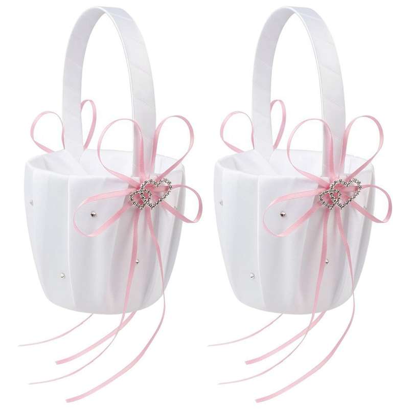 Double Heart Basket White Satin Rhinestone Decor Pink Wedding Party