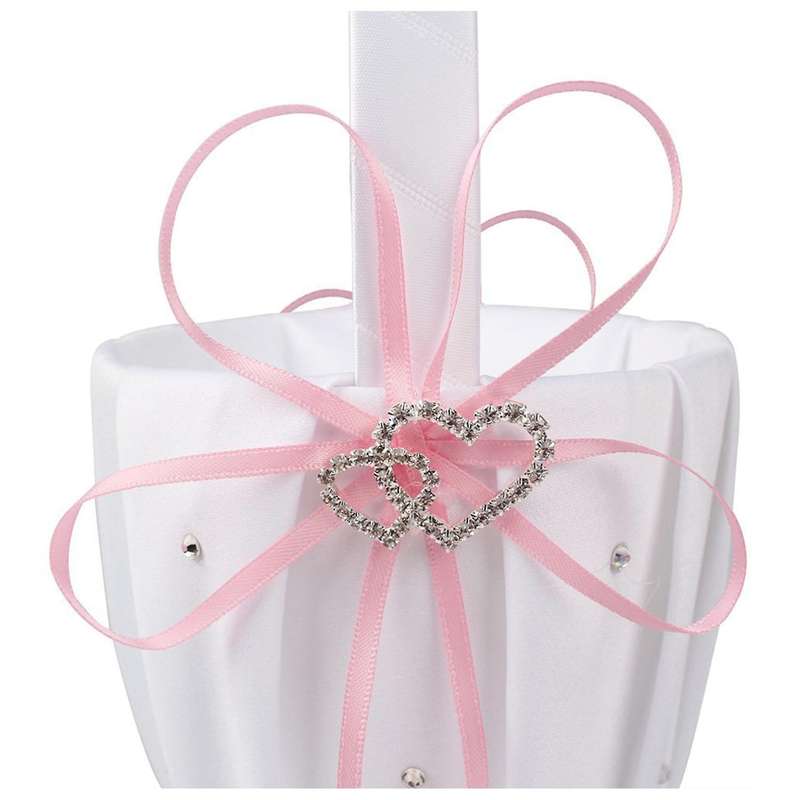Double Heart Basket White Satin Rhinestone Decor Pink Wedding Party