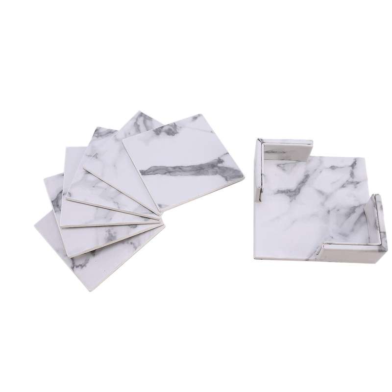 6pcs/set Marble Leather Square Drink Coasters Kitchen Tableware
