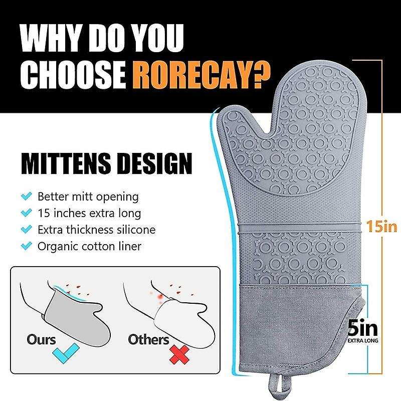 Silicone Oven Mitts: 500 F Heat Resistant Kitchen Mittens Gray
