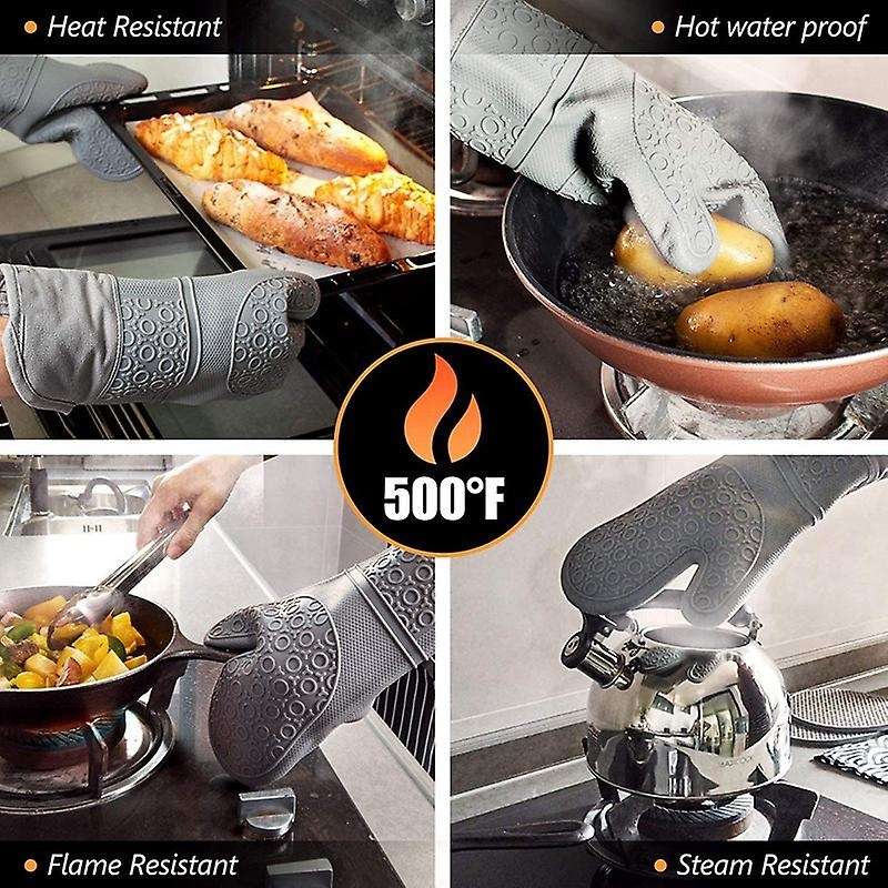 Silicone Oven Mitts: 500 F Heat Resistant Kitchen Mittens Gray