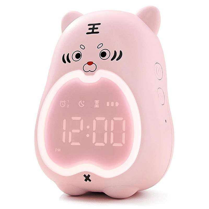 Kids Alarm Clock Tiger Digital for Kids Bedside Night Light Pink