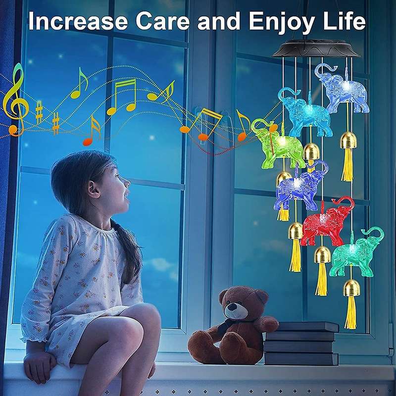 Solar Elephant Wind Chimes,hanging Light with Bells,for Garden Lawn
