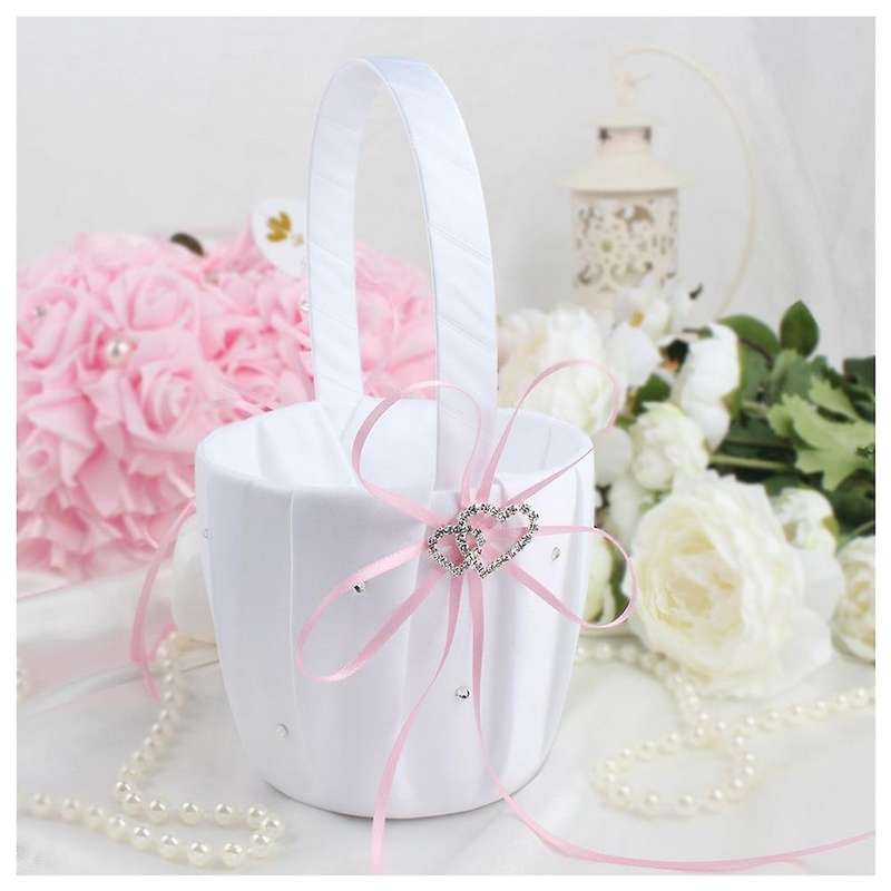 Double Heart Basket White Satin Rhinestone Decor Red Wedding Party