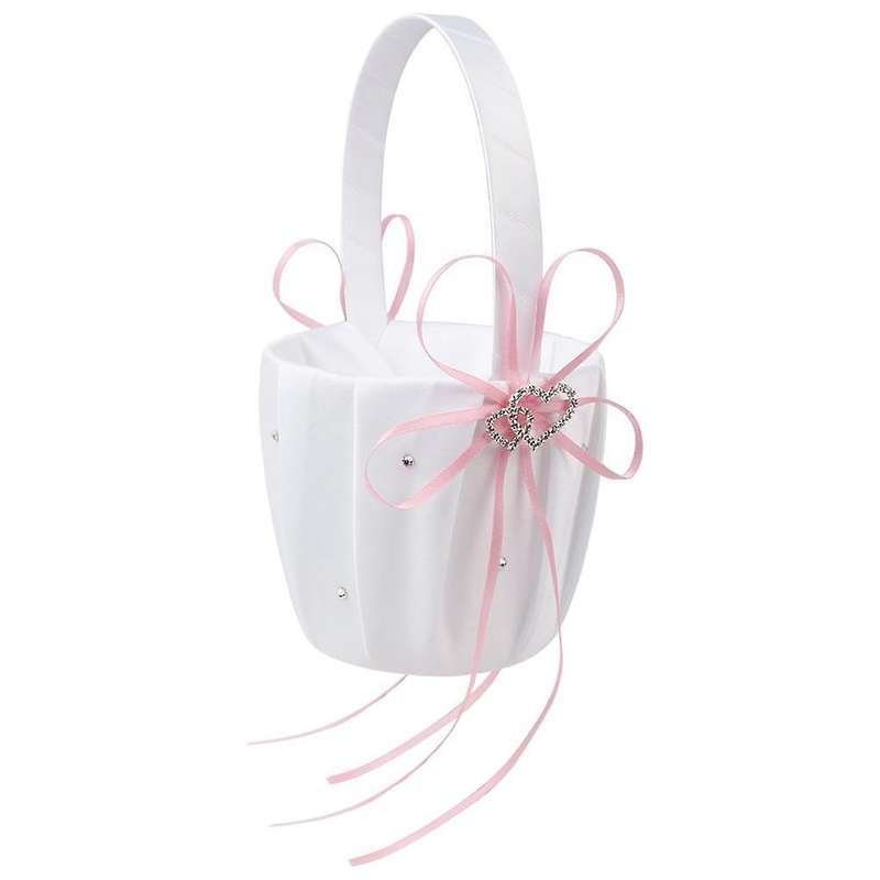 Double Heart Basket White Satin Rhinestone Decor Red Wedding Party