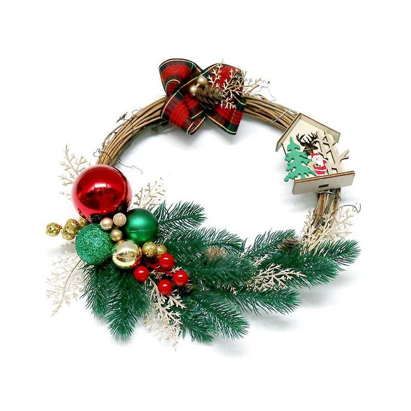 Artificial Christmas Ball Wreath with Pine Berries Wooden House