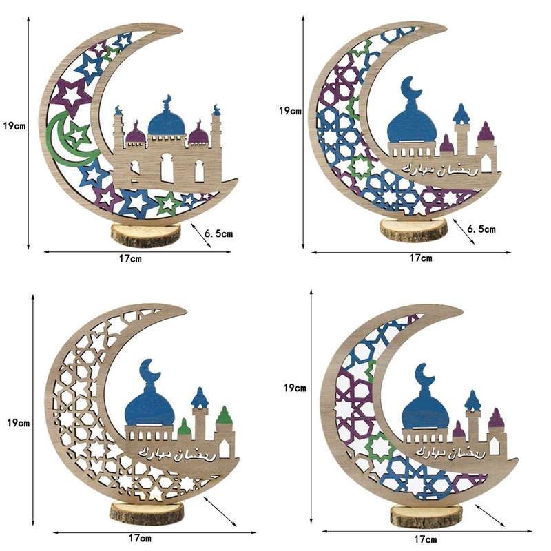 4pcs Wooden Handicraft Ornaments Eid Al-fitr Festival Moon Desktop