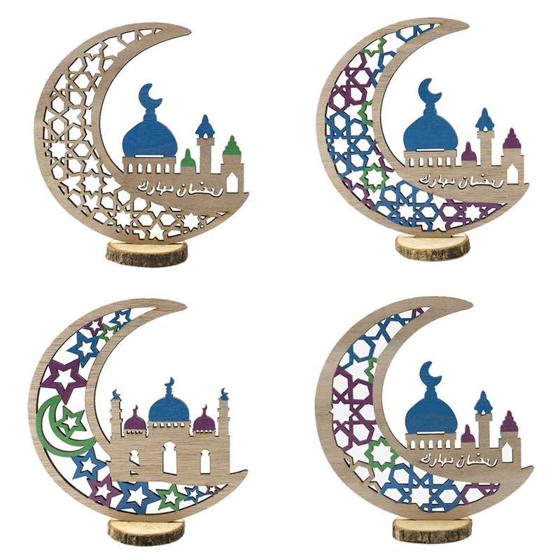 4pcs Wooden Handicraft Ornaments Eid Al-fitr Festival Moon Desktop