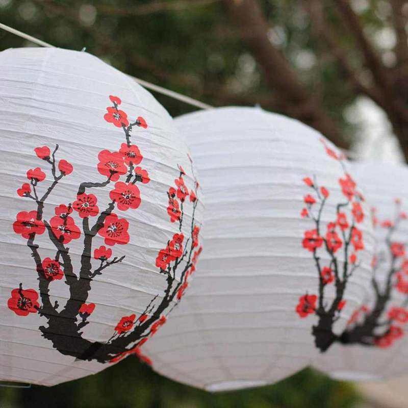 Set Of 6 Red Sakura(cherry)flowers White Color Lamp 16 Inch
