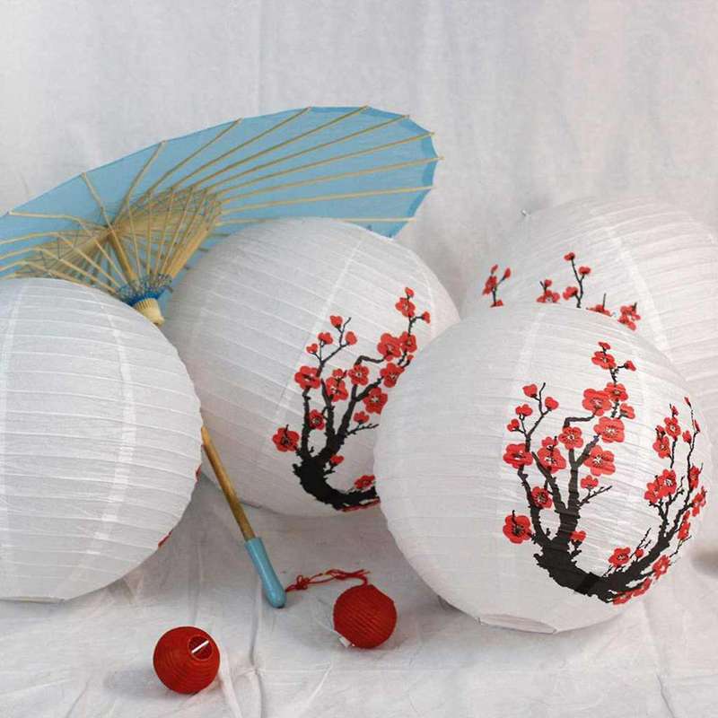 Set Of 6 Red Sakura(cherry)flowers White Color Lamp 16 Inch