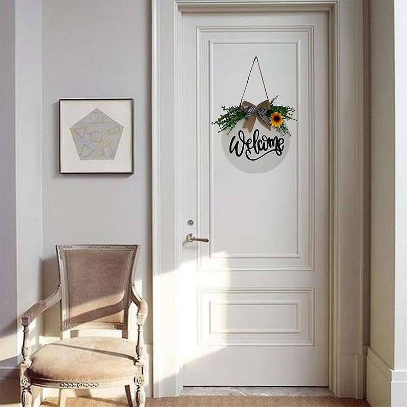 Artificial Sunflower Wreath Door Hanger Welcome Sign for Porch Decor