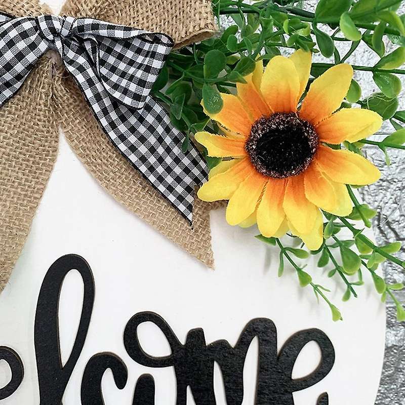 Artificial Sunflower Wreath Door Hanger Welcome Sign for Porch Decor