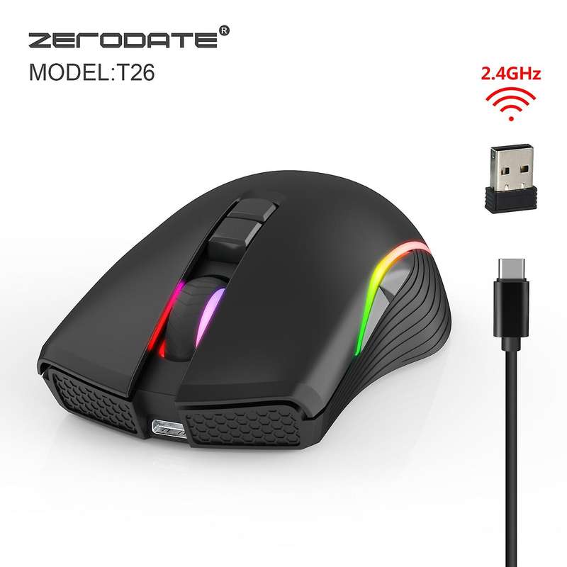 Zerodate 2.4ghz Wireless Mouse Type C Rechargeable Gaming Computer