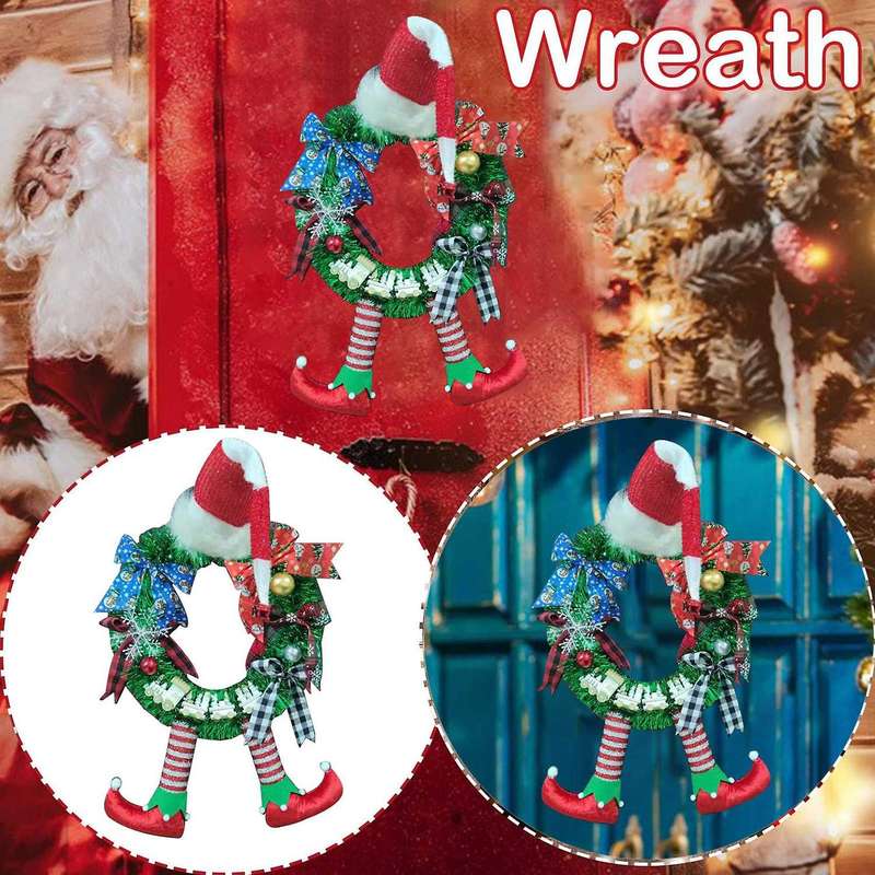 Christmas Striped Clown Elf Legs Wreath Front Door Hanging Wreath