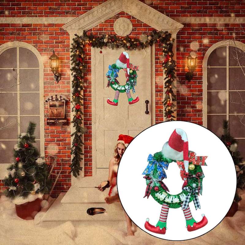 Christmas Striped Clown Elf Legs Wreath Front Door Hanging Wreath