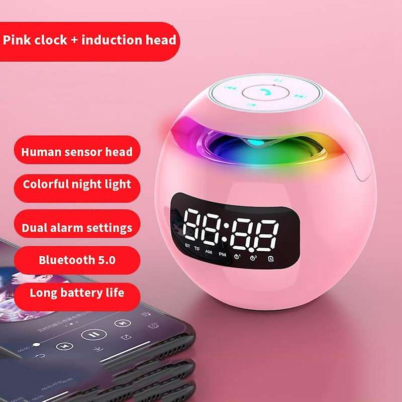Wireless Bluetooth Speaker Sound Box Clock Alarm with Mic Pink