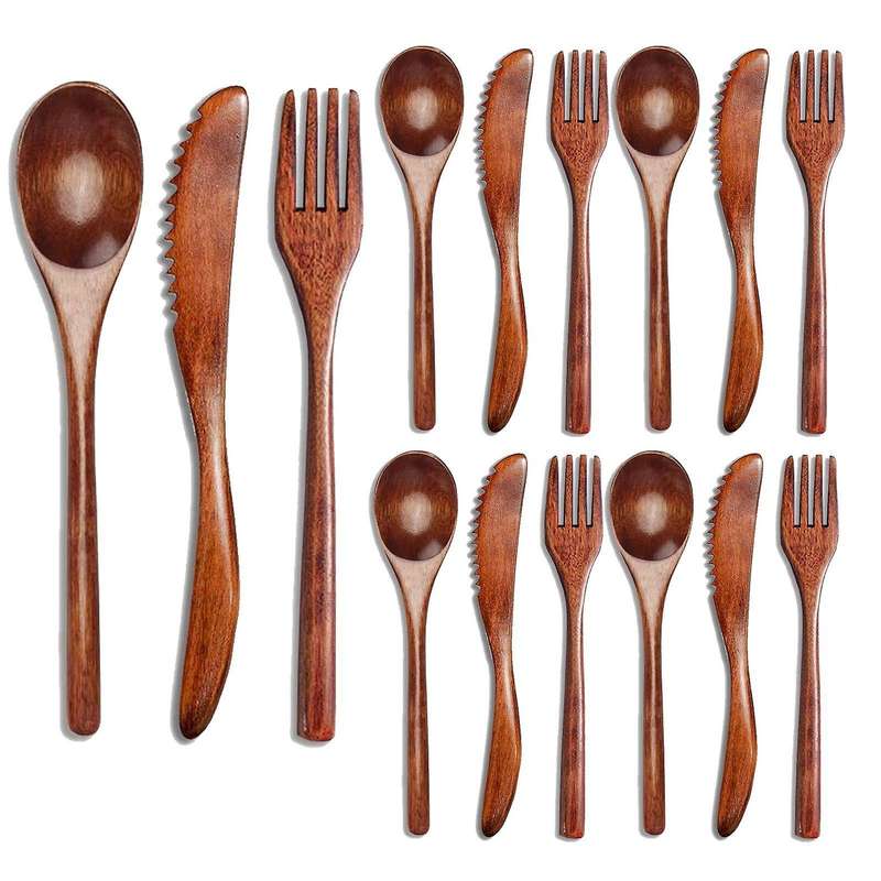 15 Pcs Wooden Spoon Fork Knife Cutlery Set Wooden Dinner Utensil Set