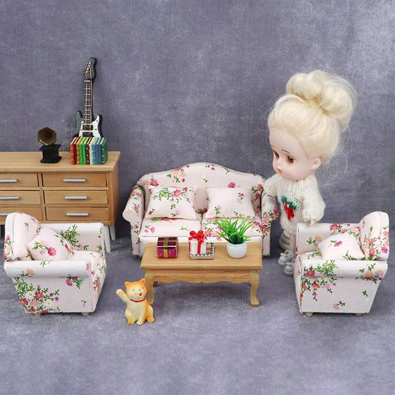3pcs 1/12 Wooden Dollhouse Furniture Sofa, for Furniture Doll House