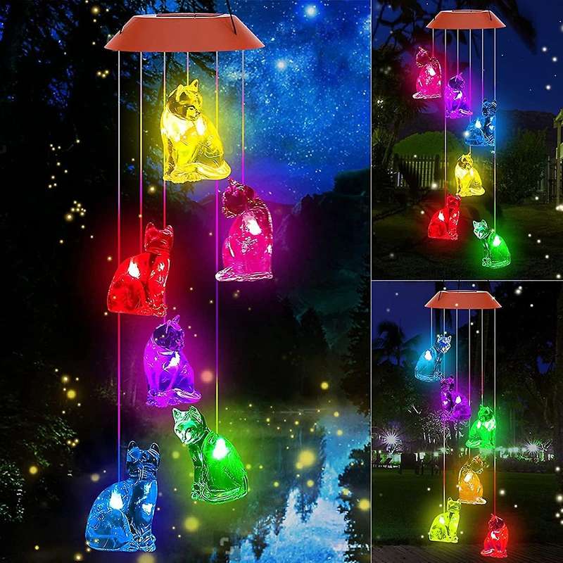 Colors Changing Solar Cat Wind Chimes for Outside, for Party Decor