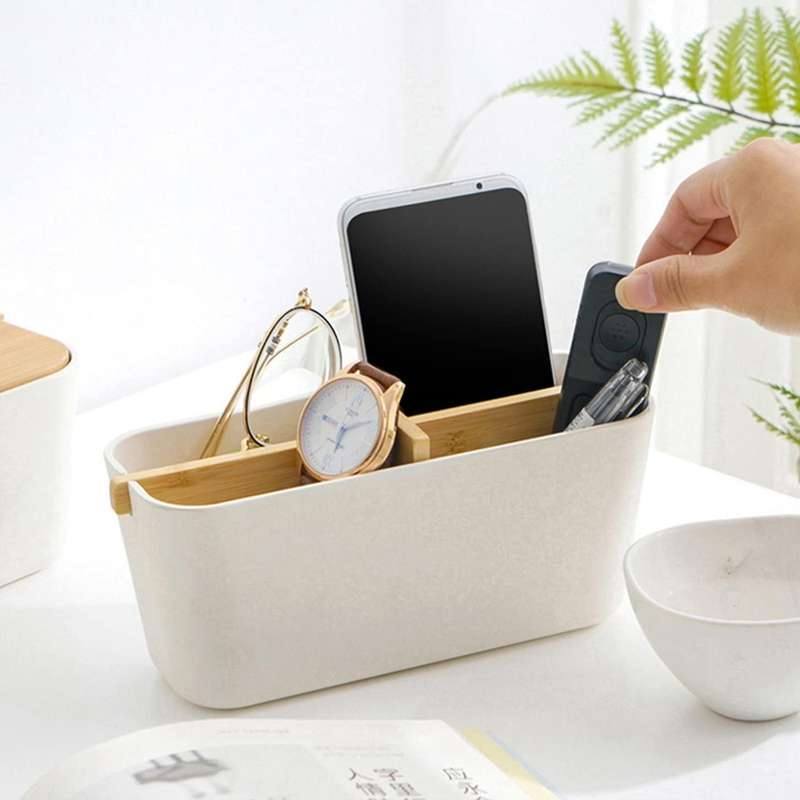 Multifunctional Bamboo Desk Storage Box with Wooden Partition ,black