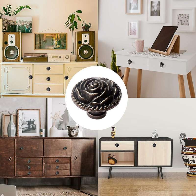 Vintage Rose Cabinet Knobs, Antique Bronze Cupboard Dresser Door Pull