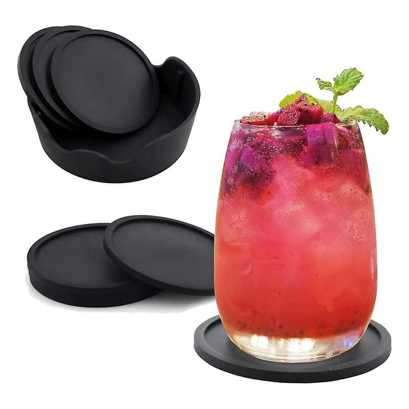 8 Pieces, Black Silicone Round Coasters, for Drinking Glasses, Cups