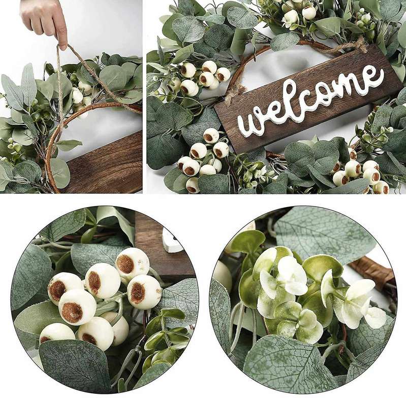 Artificial Eucalyptus Wreath with White Berries for Front Door Decor