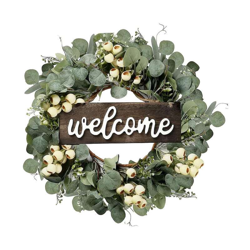 Artificial Eucalyptus Wreath with White Berries for Front Door Decor