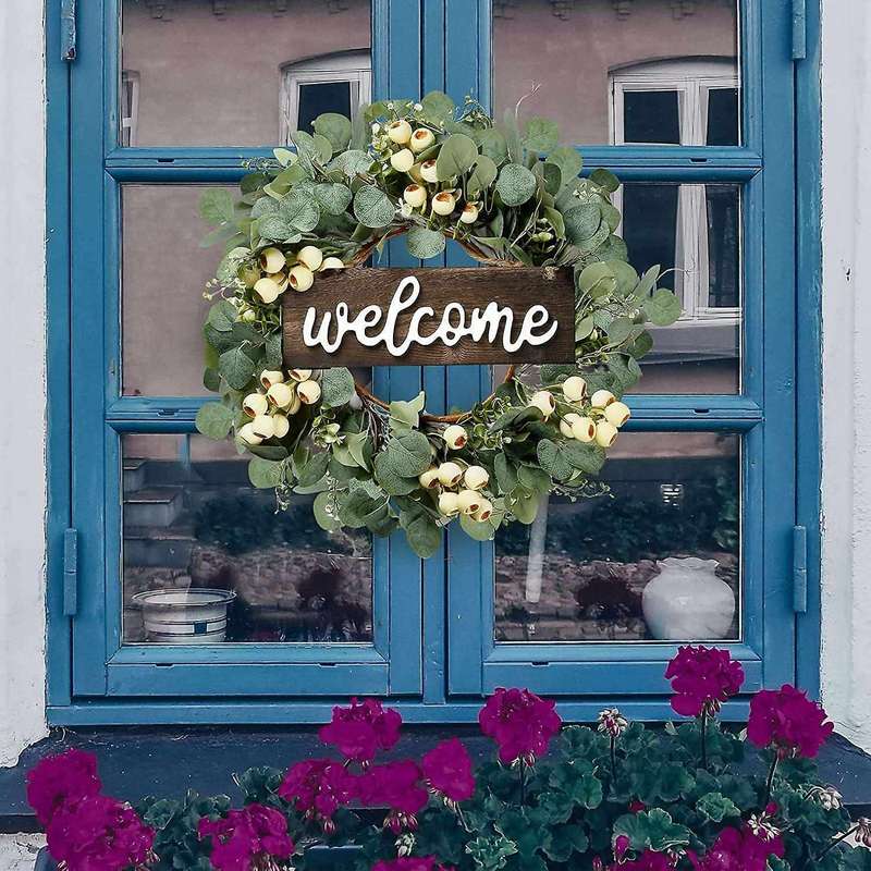 Artificial Eucalyptus Wreath with White Berries for Front Door Decor