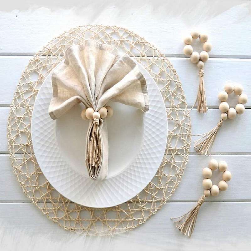 12 Pcs Wood Bead Napkin Rings with Tassels Rustic Farmhouse Garland