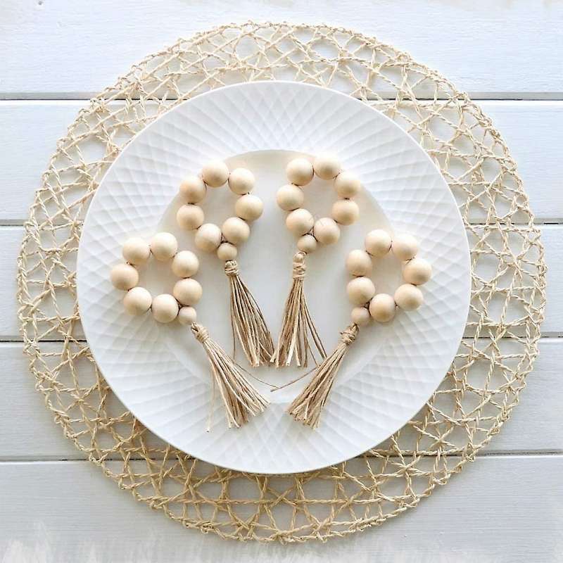 12 Pcs Wood Bead Napkin Rings with Tassels Rustic Farmhouse Garland