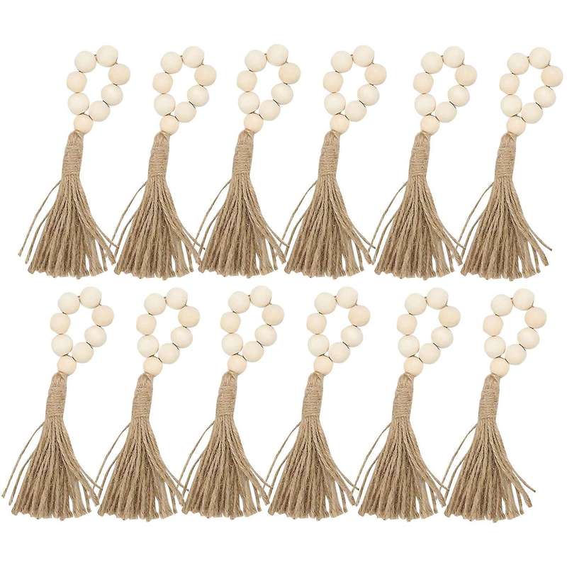 12 Pcs Wood Bead Napkin Rings with Tassels Rustic Farmhouse Garland