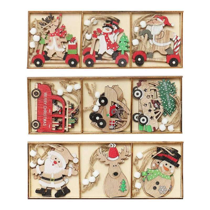 27 Wood Christmas Tree Pendant Santa Claus Snowman Elk Pattern