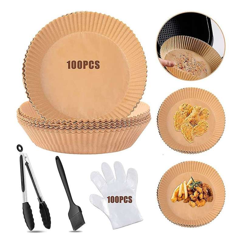 100 Pcs Air Fryer Liners with Food Tong,baking Brush and Gloves
