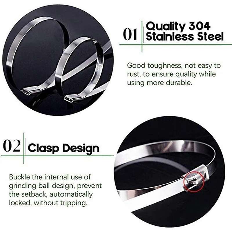 100pcs Multi-purpose Locking Cable Metal Zip Ties Self Locking 300mm