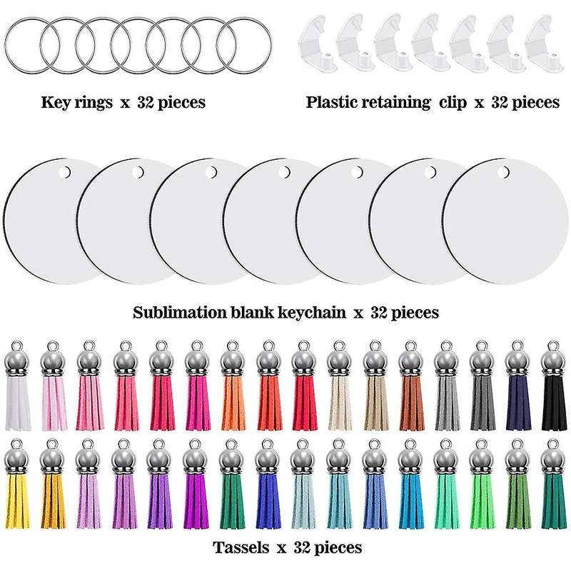 128pcs Sublimation Keychain Blanks Set Keychain Tassels Mdf -round