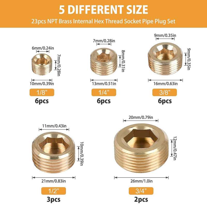 23pcs Brass Pipe Fitting,npt Internal Hex Thread Socket Pipe Plug Set