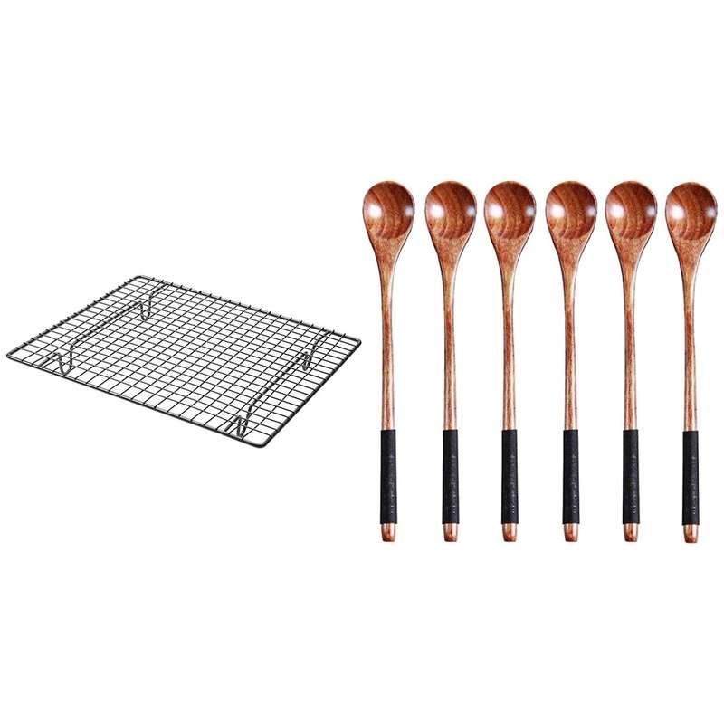 6pcs Long Handled Wooden Spoons Japanese Style Set Mixing Tableware