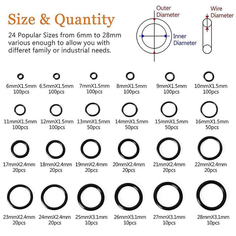 1200 Pcs O Ring Kit,24 Sizes Nitrile Rubber O Rings Assortment Kit