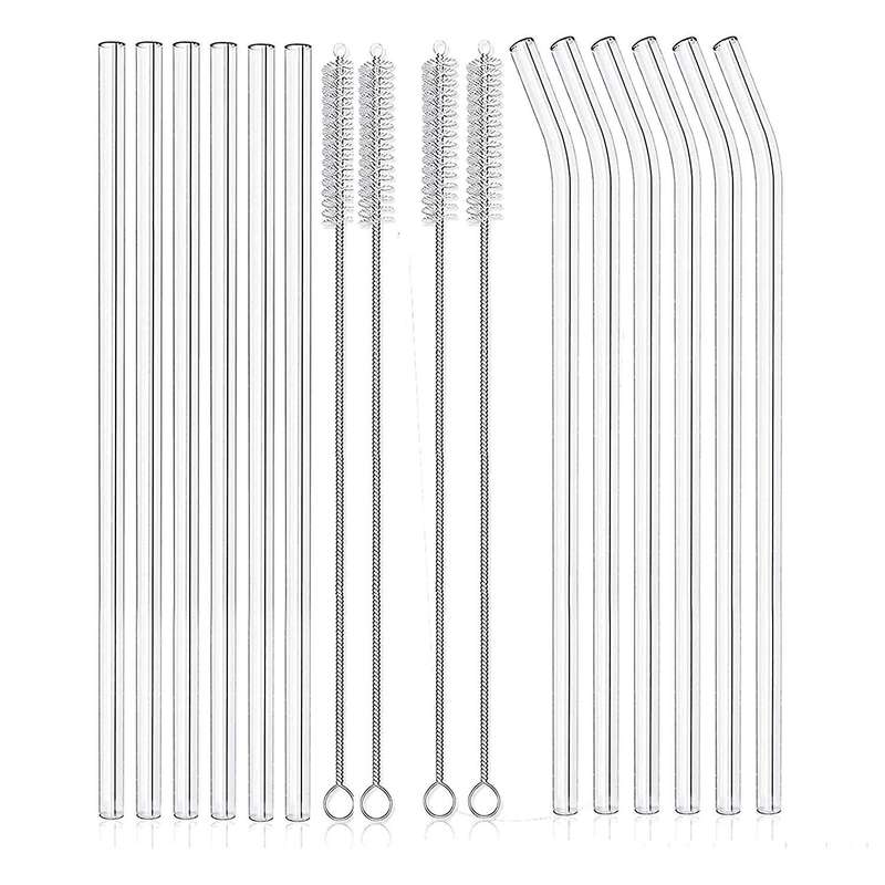 12pcs Clear Glass Straws 6 Straight 6 Bent with 4 Cleaning Brushes