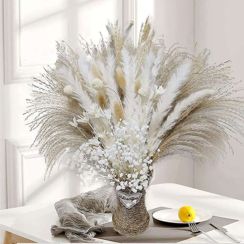 Dried Pampas Grass 65pcs, White Pampas Grass Decor 17in, Dry Flowers