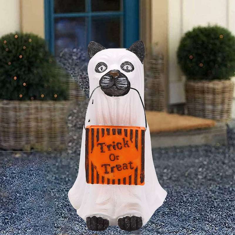 Halloween Trick Or Treat Ghost Cat Statue Fun Decoration-b