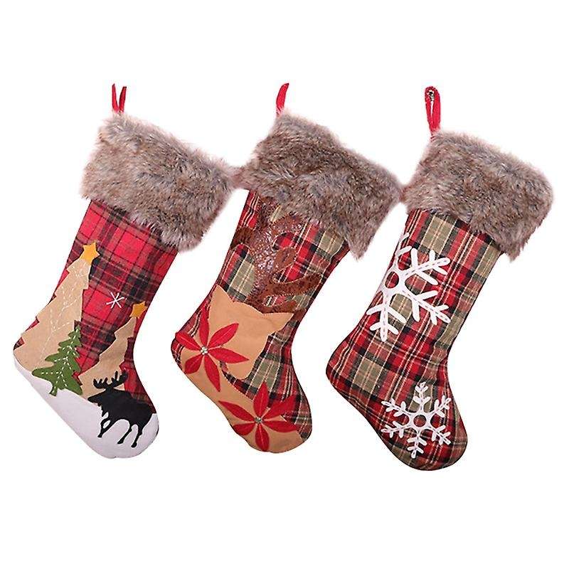 3 Pcs Christmas Stockings Plaid Style for Xmas Holiday Party Decor
